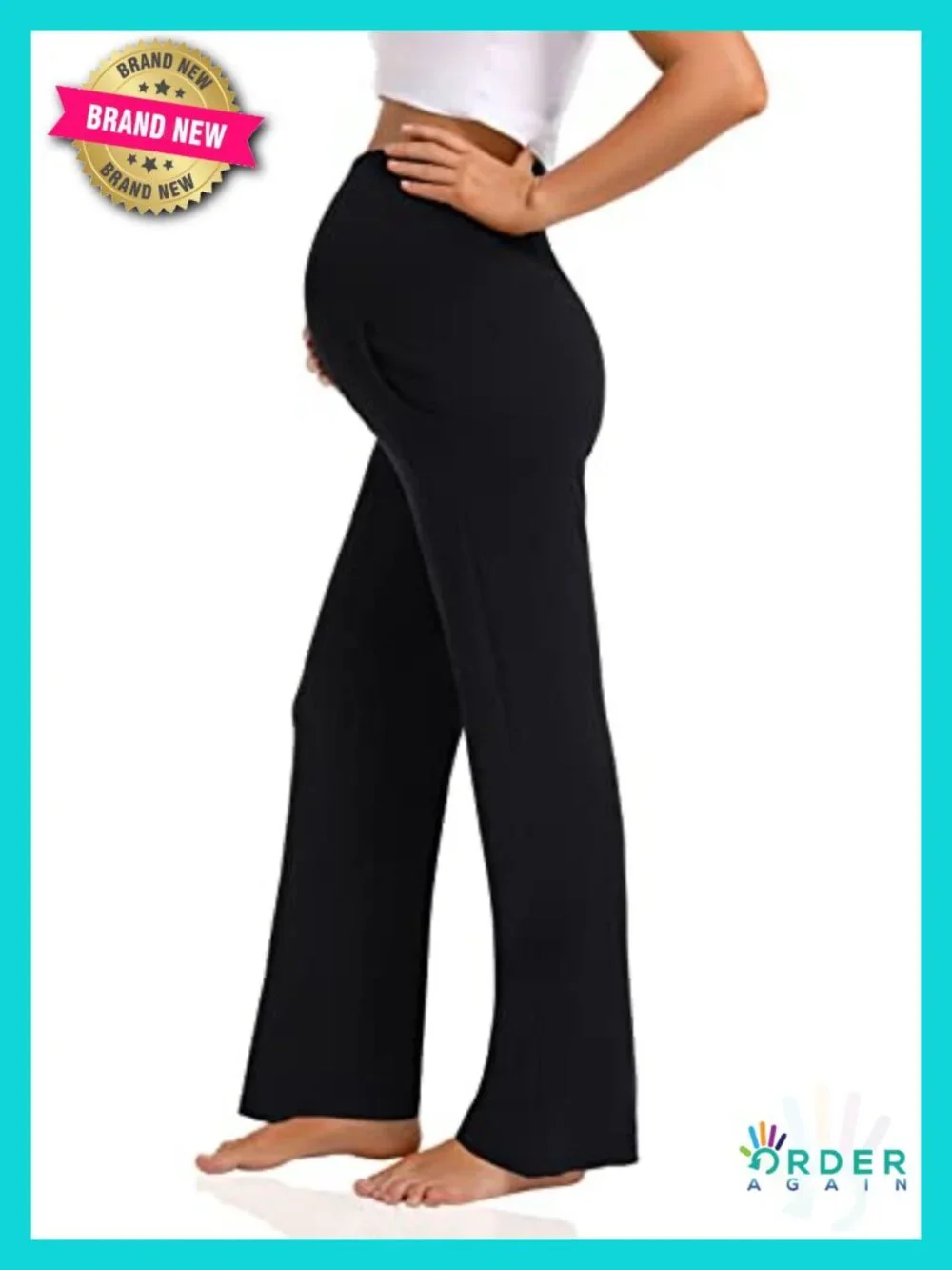 Wide Leg Maternity Pants Over Belly Work Casual Trousers with Pockets - Picture 3 of 6